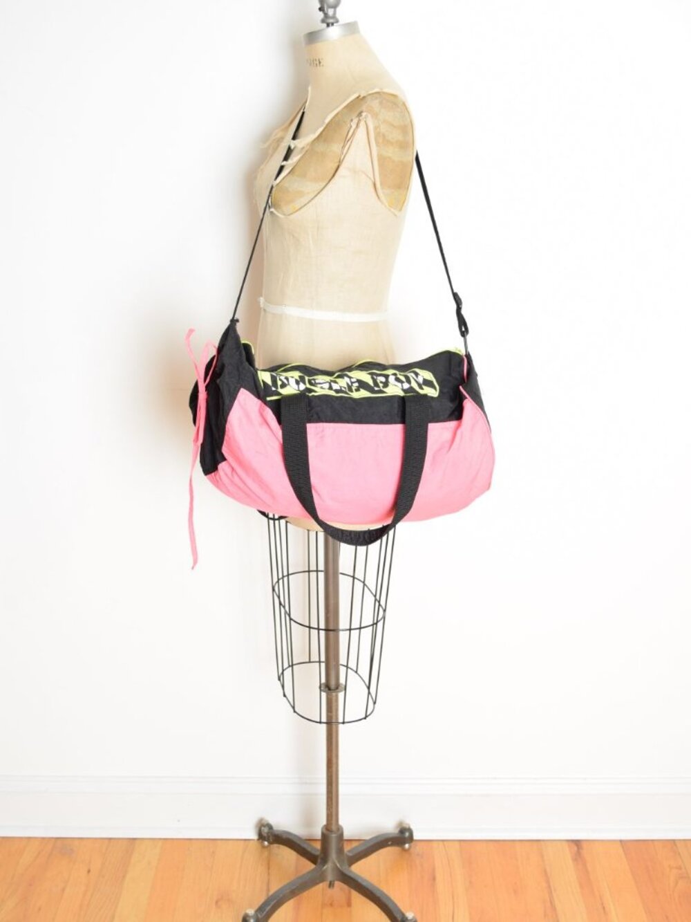 vintage 80s duffle bag Bugle Boy print neon pink black gym tote overnight